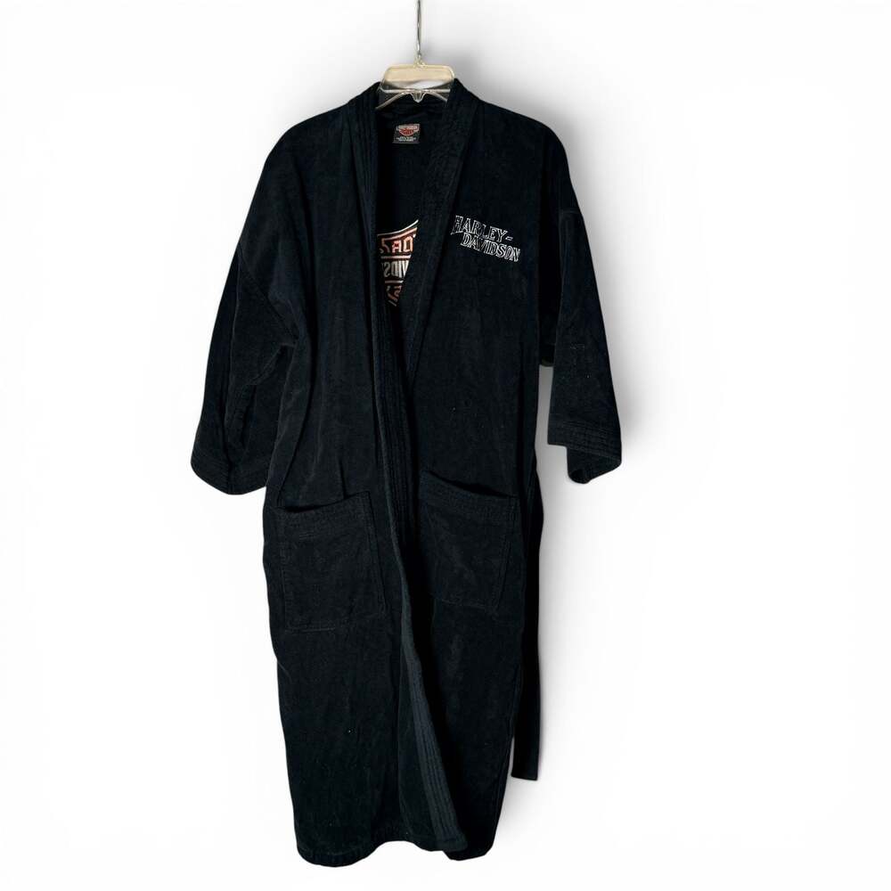 Harley-Davidson Black Terry Cloth Embroidered Logo Bathrobe - Picture 3 of 5